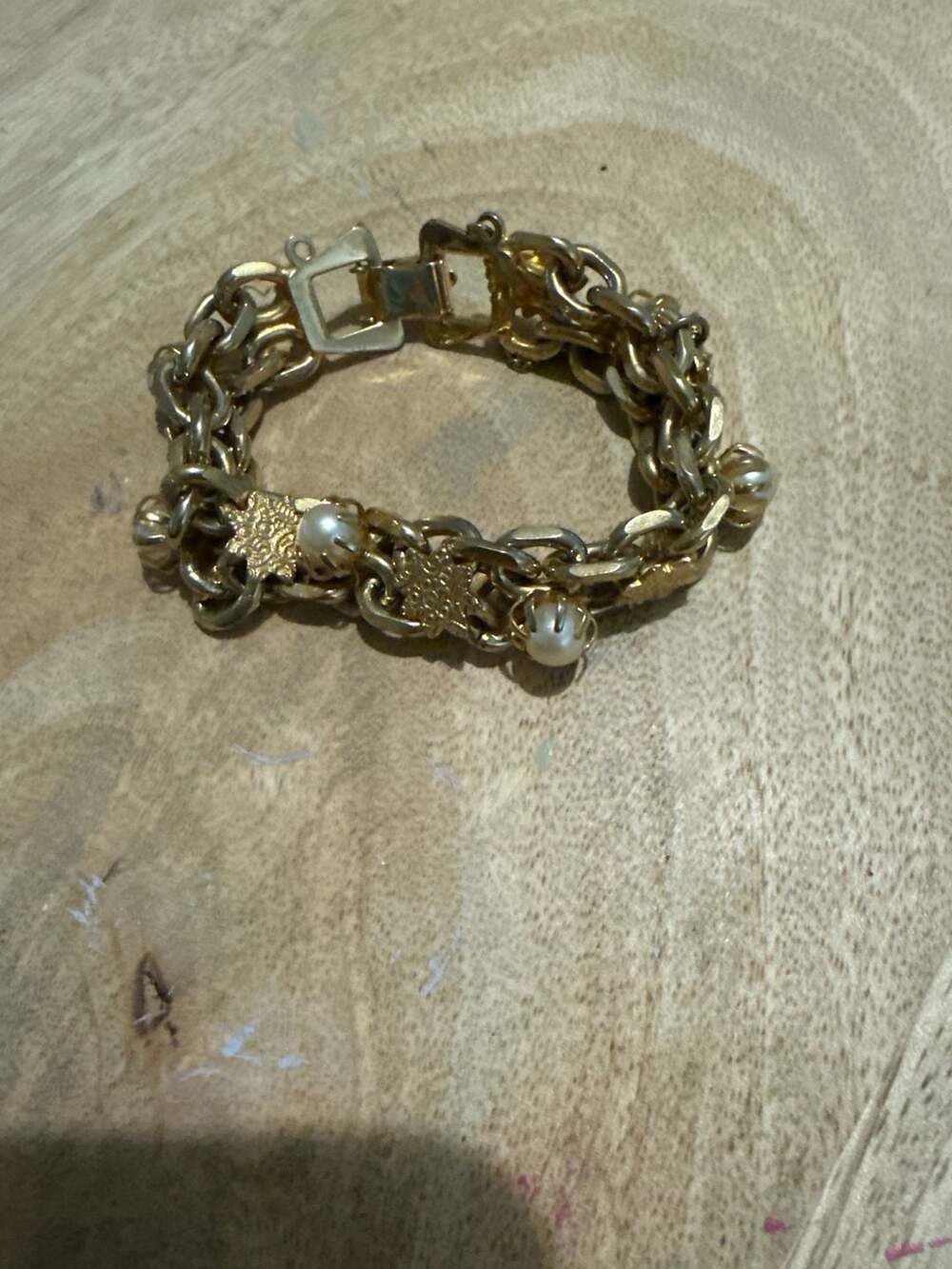 Vintage Gold Tone Chunky Double Link Bracelet with Faux Pearls & Floral Accents